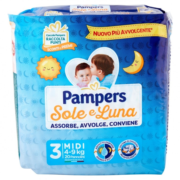 PANN.PAMPERS SOLE&LUNA N.3 PZ.20 KG.4-9 MIDI