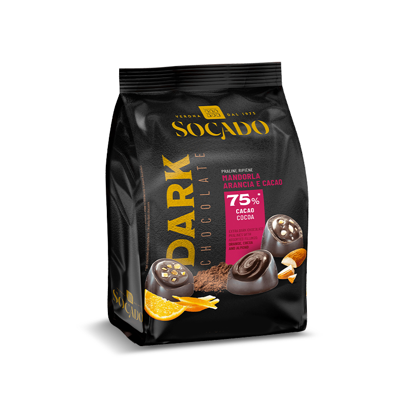 SOCADO PRALINE DARK 75% ARANCIA E MANDORLA GR.200