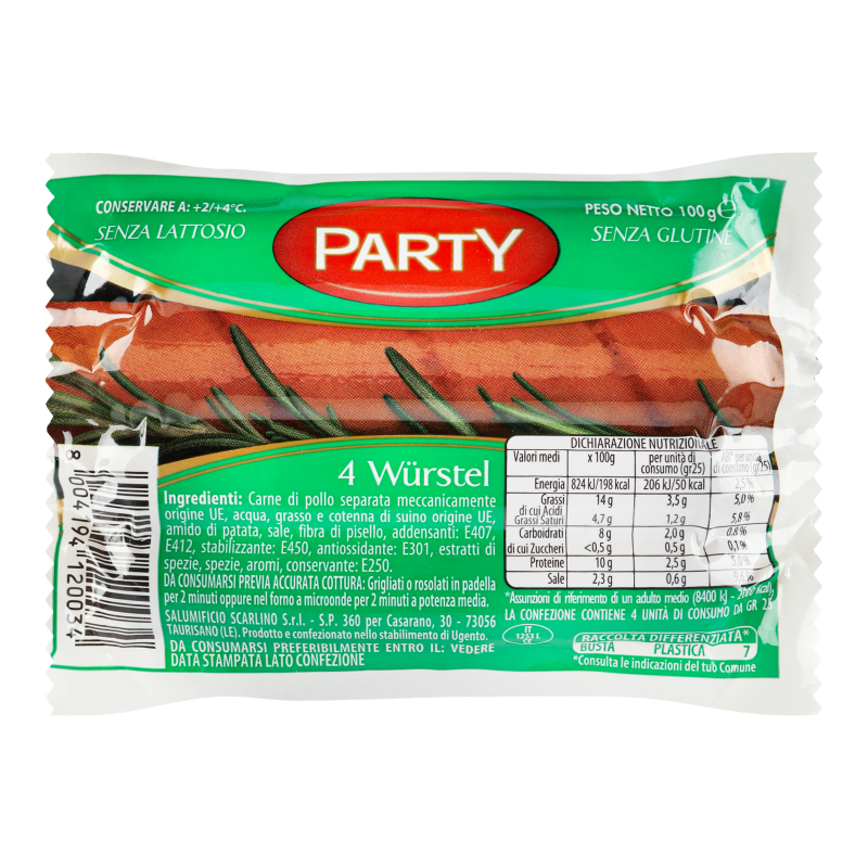WURSTEL SCARL.PARTY BABY GR.100X4 P/T
